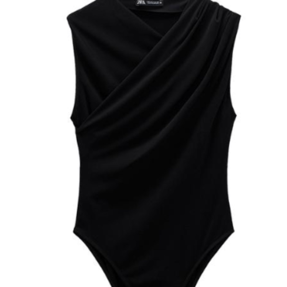 ZARA BLACK SLEEVELESS V NECK DRAPED COLLAR BODYSUIT  SML